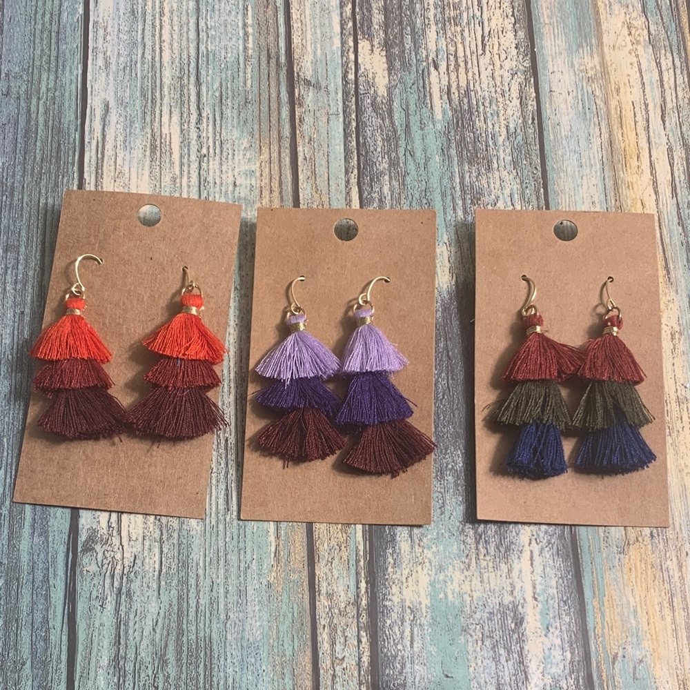 3 pairs of Multicolor Tassel Gold-tone Earrings